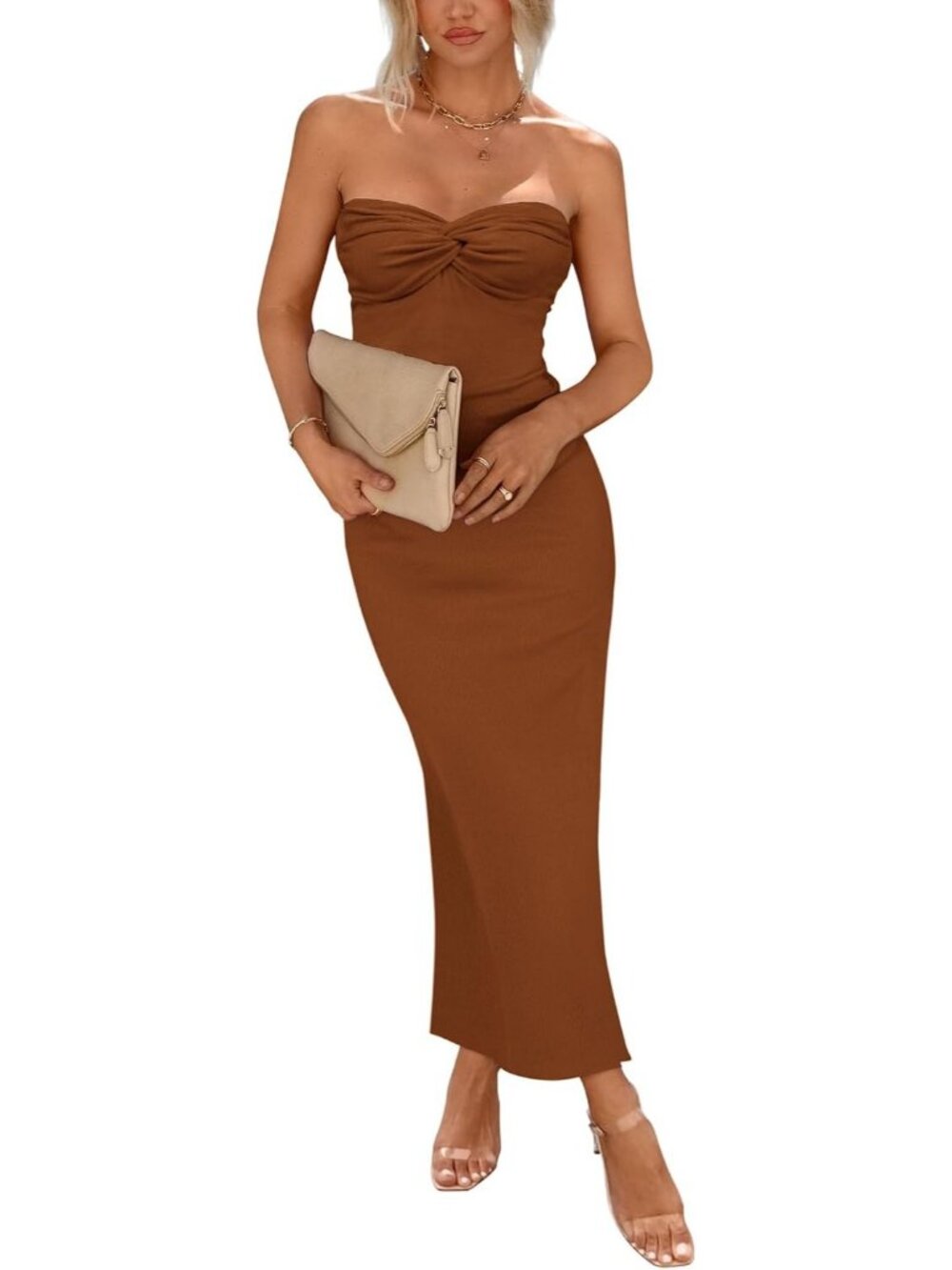 Women Brown Strapless Tube Twist Front Ribbed Bodycon Cocktail Party Maxi Dress